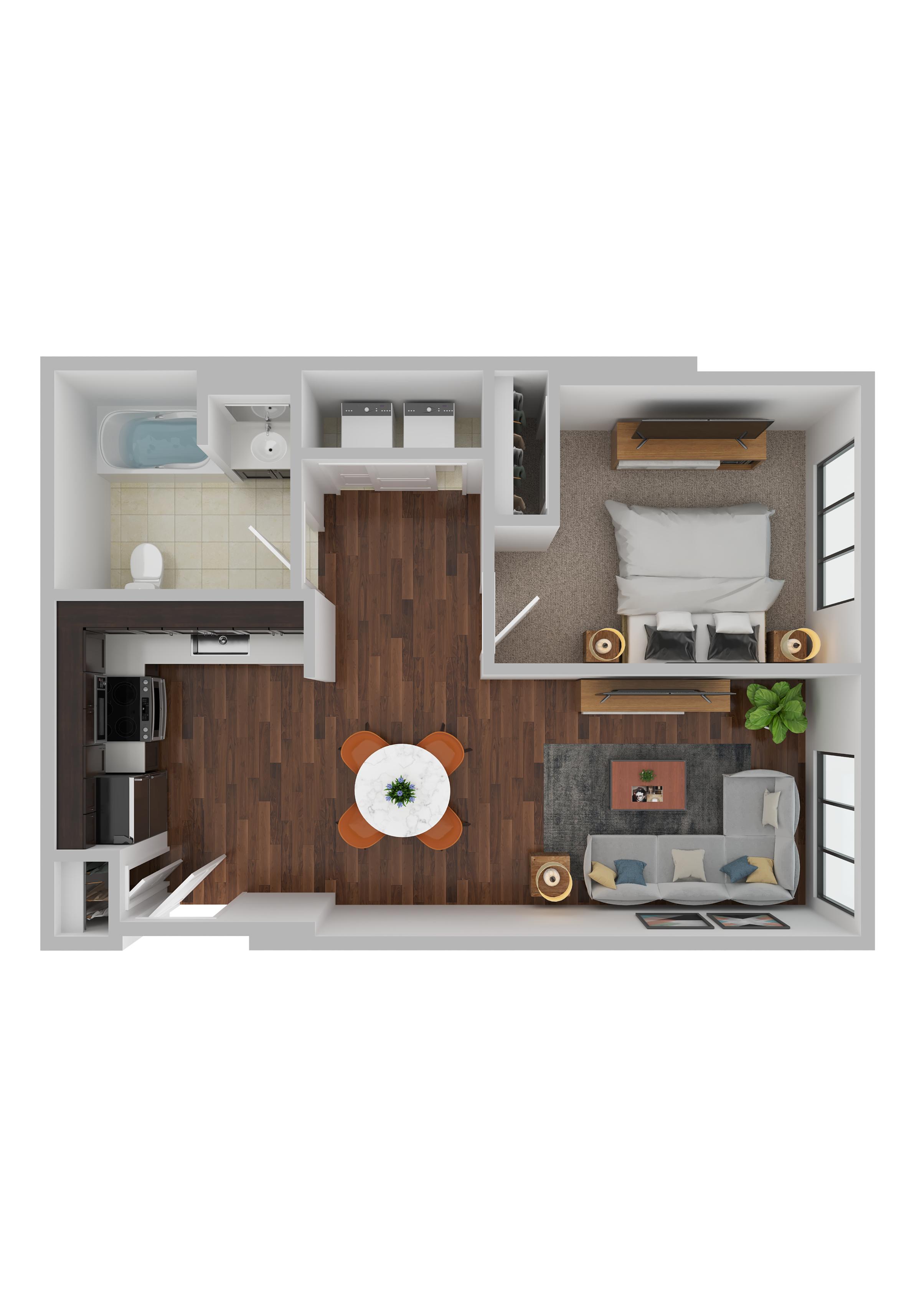 Floor plan for 1 bed, 1 bath, 620 sqft